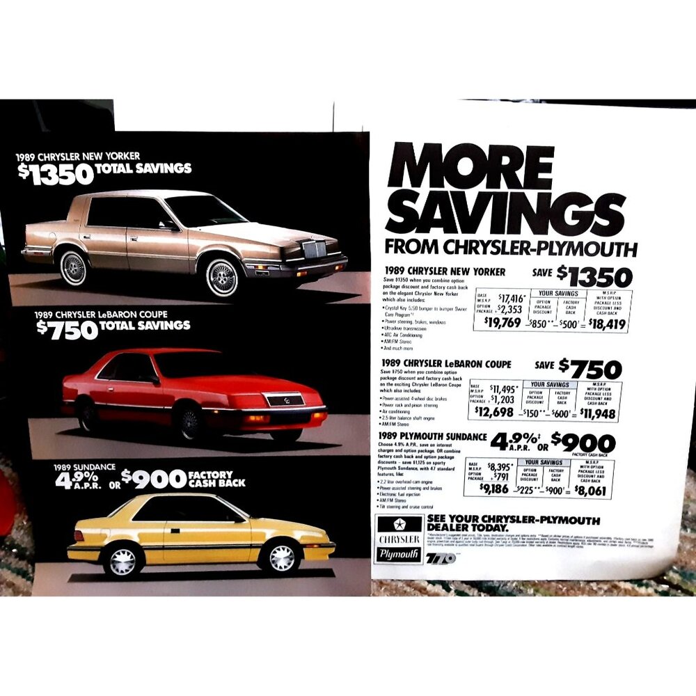1989 Chrysler Plymouth New Yorker LeBaron Sundance 2 Page Original Print ad 80s